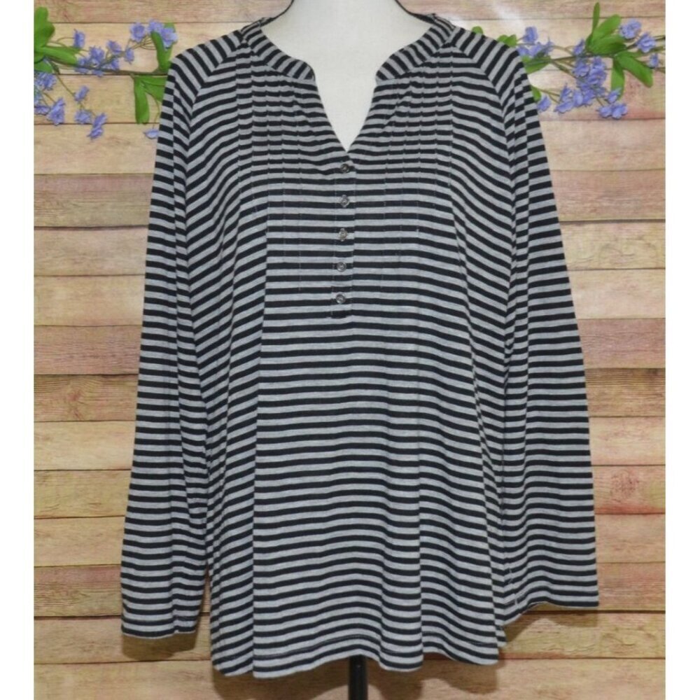 Vintage Faded Glory Women's Gray Striped V-Neck Blouse 4X Long Roll Tab Sleeves